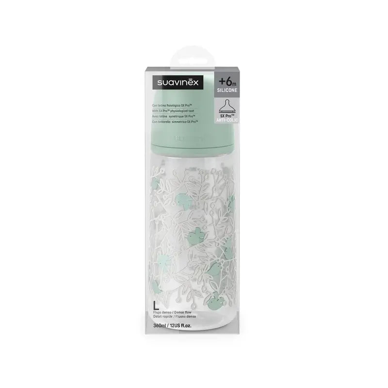 Suavinex Tétine pour biberon Sx Pro Dense Flow (L) +6 mois Birdies Green, 360 ml