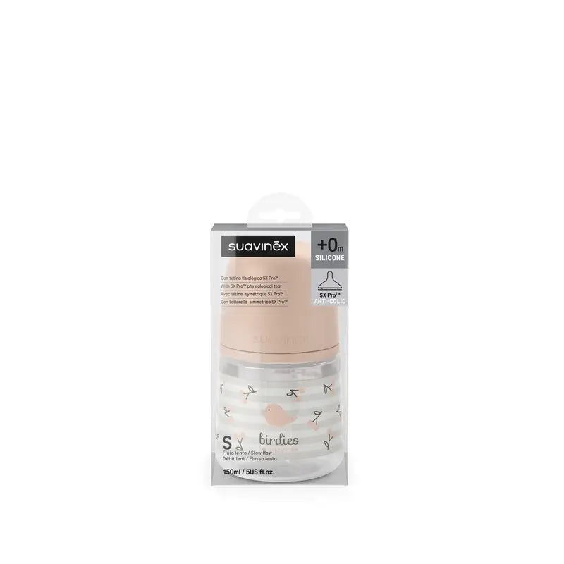 Suavinex Tétine pour biberon Sx Pro Slow Flow (S) +0 mois Birdies Pink, 150 ml