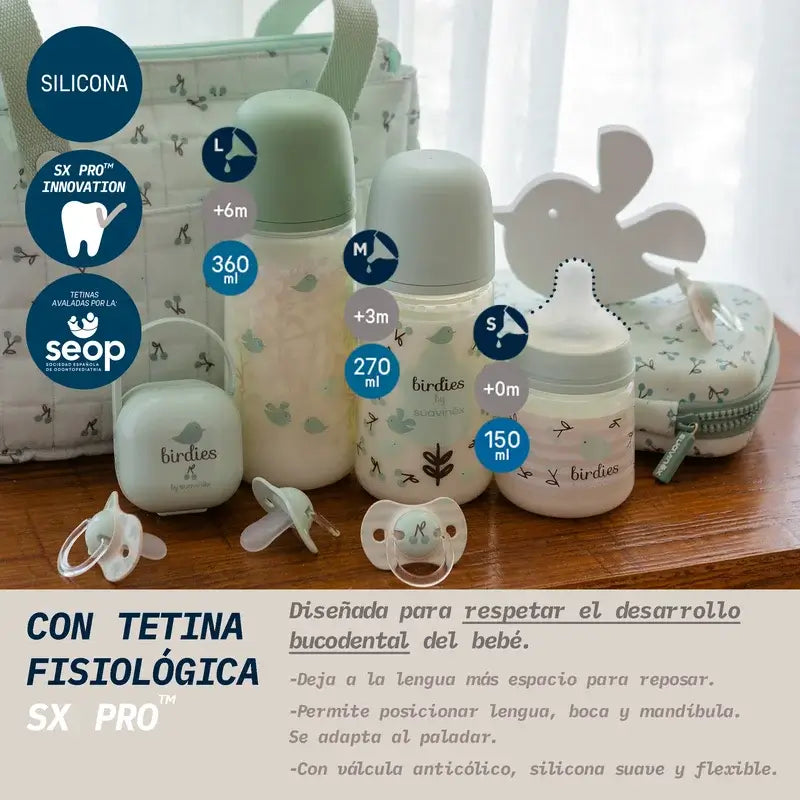Suavinex Tétine pour biberon Sx Pro Slow Flow (S) +0 mois Birdies Green, 150 ml