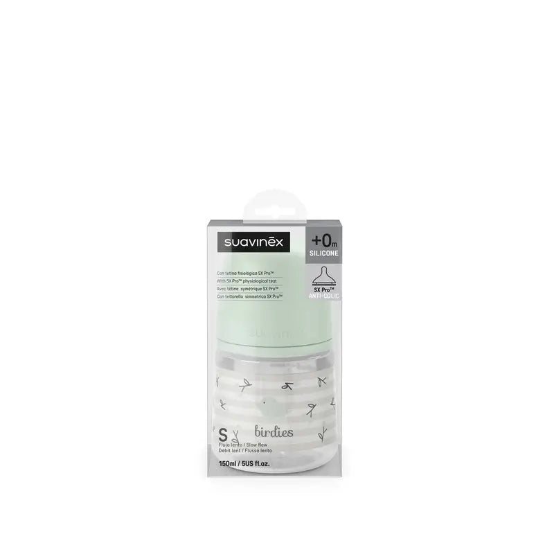 Suavinex Tétine pour biberon Sx Pro Slow Flow (S) +0 mois Birdies Green, 150 ml
