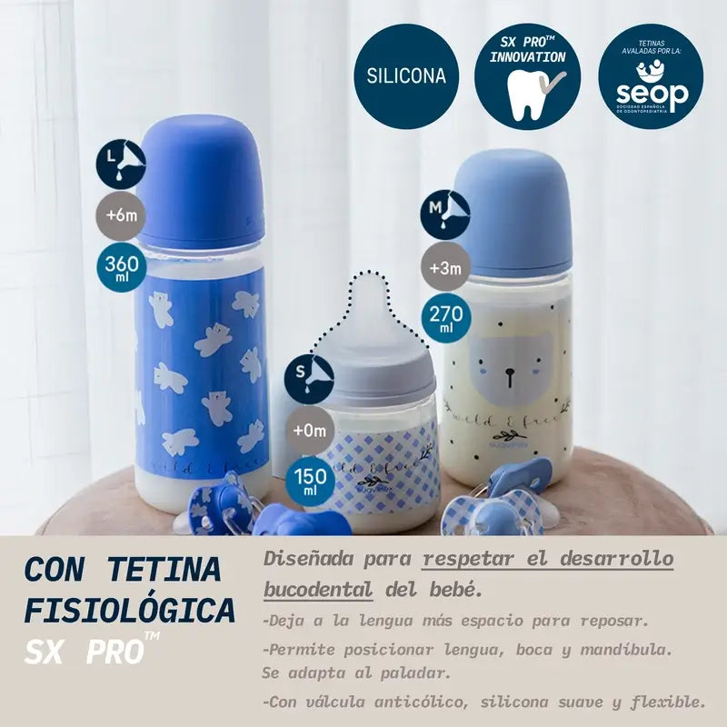Suavinex Tétine pour biberon Sx Pro Slow Flow (S) +0 mois Wild&Free Blue, 150 ml