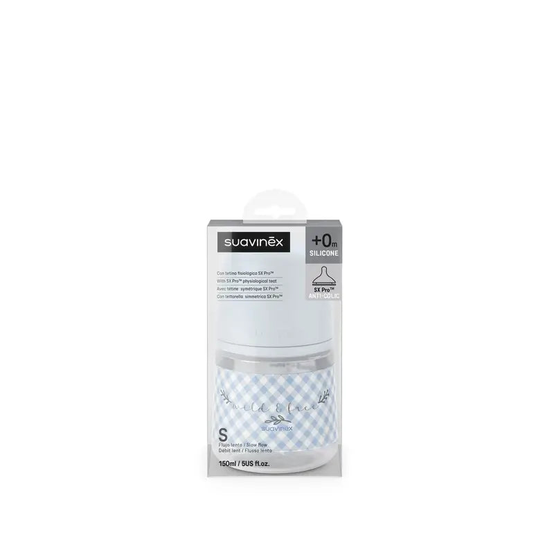 Suavinex Tétine pour biberon Sx Pro Slow Flow (S) +0 mois Wild&Free Blue, 150 ml