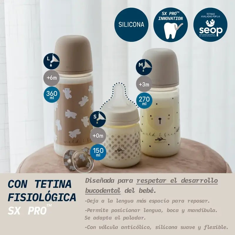 Suavinex Tétine pour biberon Sx Pro Slow Flow (S) +0 mois Wild&Free Beige, 150 ml