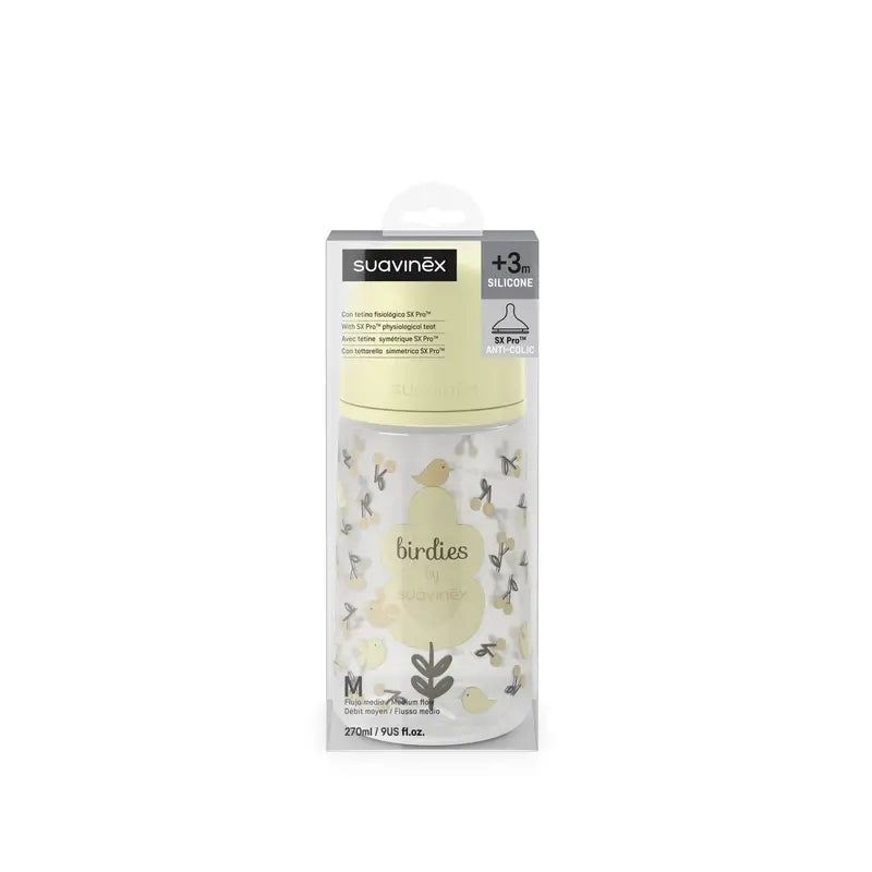 Suavinex Tétine pour biberon Sx Pro Medium Flow (M) +3 mois Birdies Beige, 270 ml
