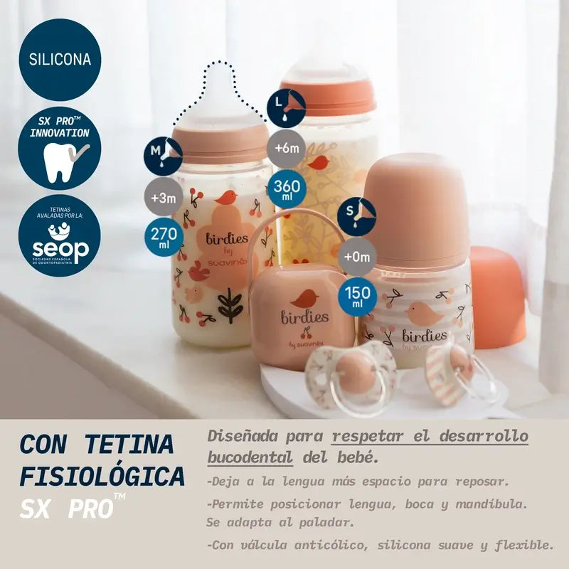 Suavinex Tétine pour biberon Sx Pro Medium Flow (M) +3 mois Birdies Pink, 270 ml