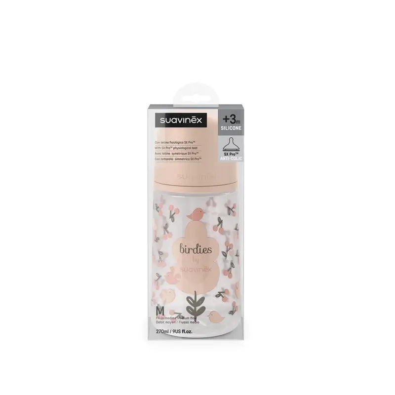 Suavinex Tétine pour biberon Sx Pro Medium Flow (M) +3 mois Birdies Pink, 270 ml