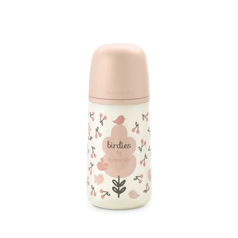 Suavinex Tétine pour biberon Sx Pro Medium Flow (M) +3 mois Birdies Pink, 270 ml