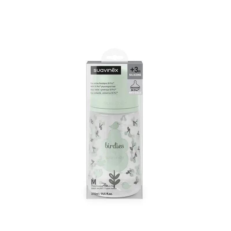 Suavinex Tétine pour biberon Sx Pro Medium Flow (M) +3 mois Birdies Green, 270 ml