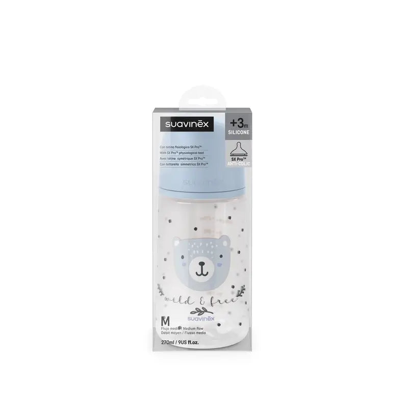 Suavinex Tétine pour biberon Sx Pro Medium Flow (M) +3 Mois Wild&Free Blue, 270 ml