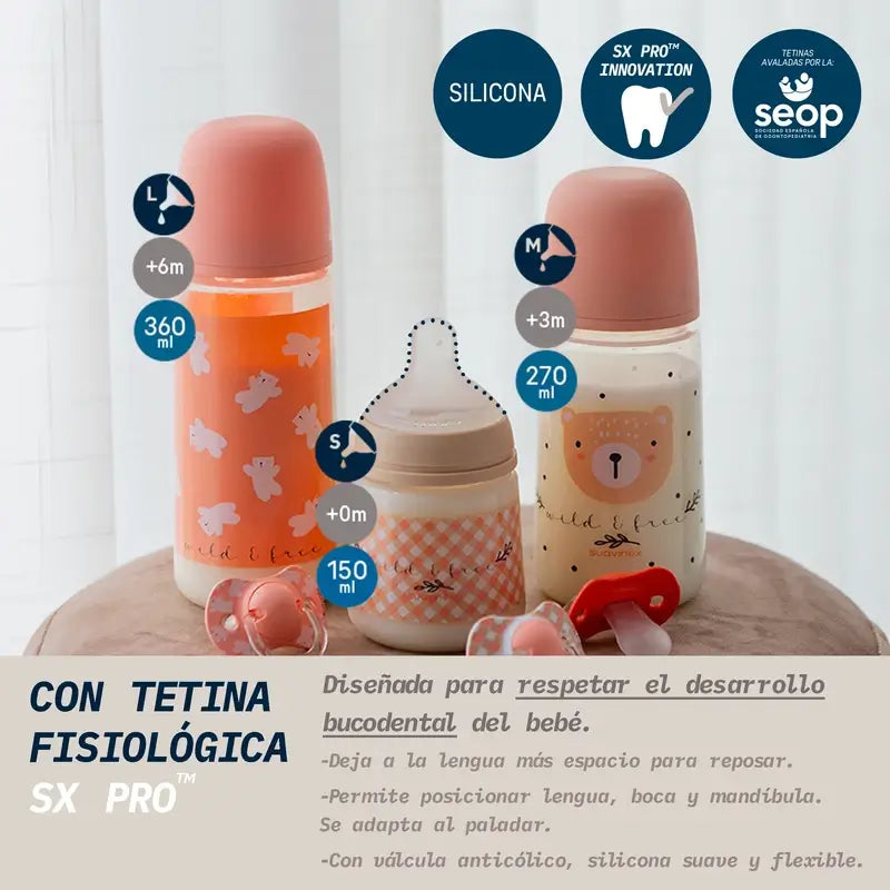 Suavinex Tétine pour biberon Sx Pro Medium Flow (M) +3 mois Rose Wild&Free, 270 ml