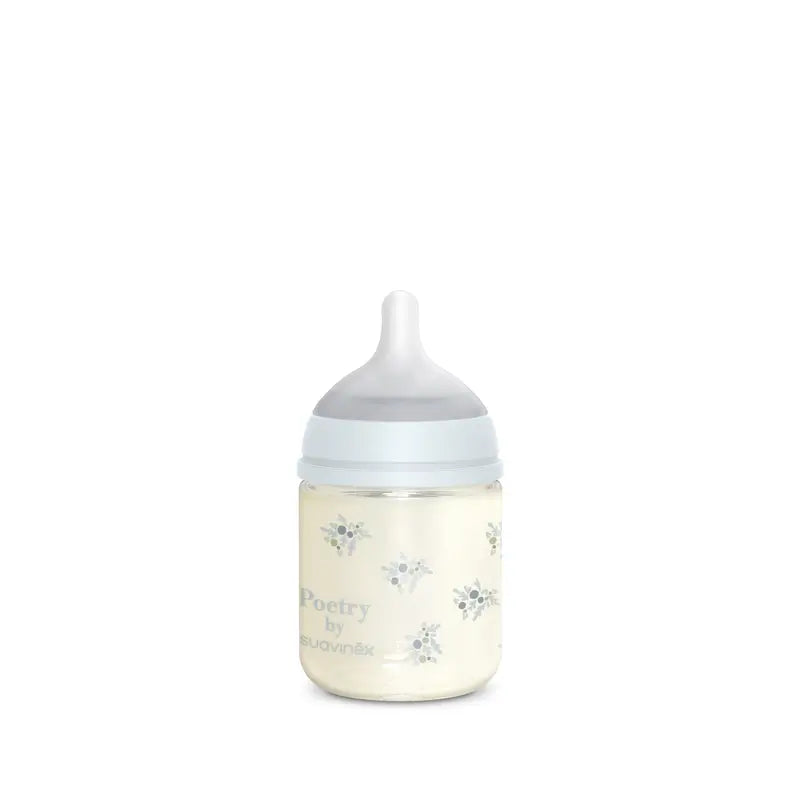 Suavinex Bouteille en verre 120 ml, débit lent (S), +0 mois, Blue Poetry