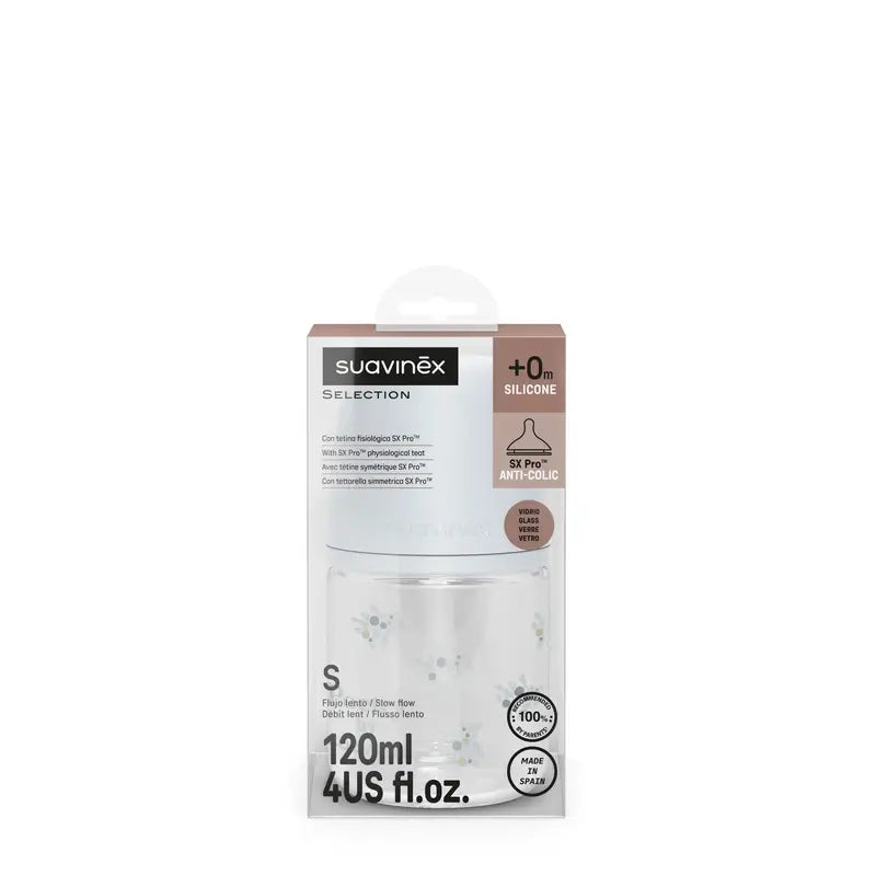Suavinex Bouteille en verre 120 ml, débit lent (S), +0 mois, Blue Poetry