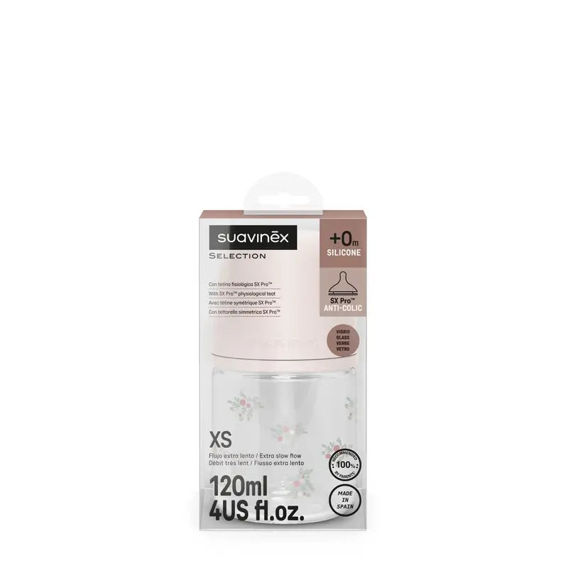 Suavinex Biberon en verre 120 ml, débit lent (S), +0 mois, Poésie rose