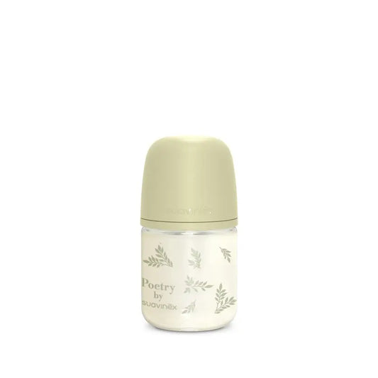 Suavinex Bouteille en verre 120 ml, débit lent (S), +0 mois, Poésie verte