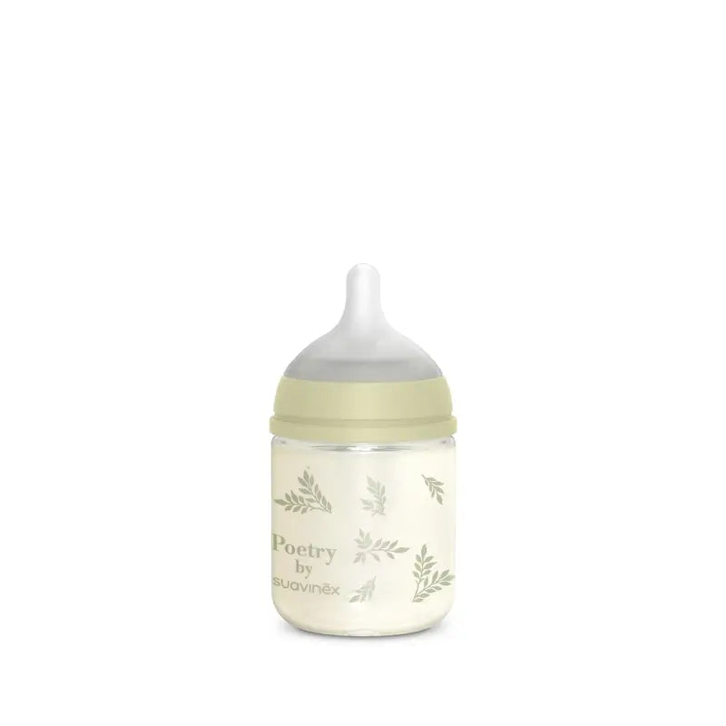 Suavinex Bouteille en verre 120 ml, débit lent (S), +0 mois, Poésie verte