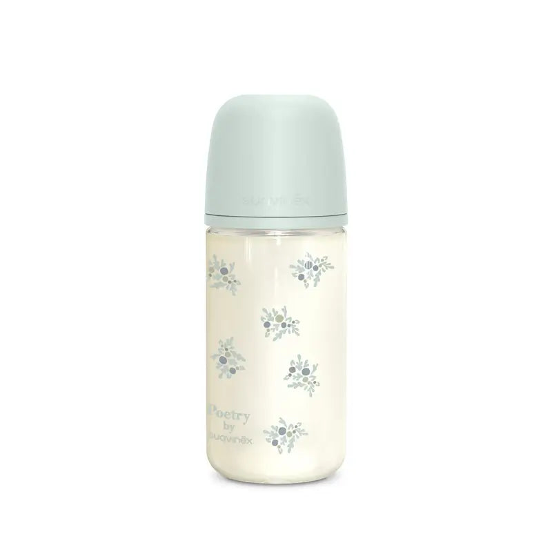 Suavinex Biberon en verre 240 ml, débit moyen (M), +3 mois, bleu Poésie