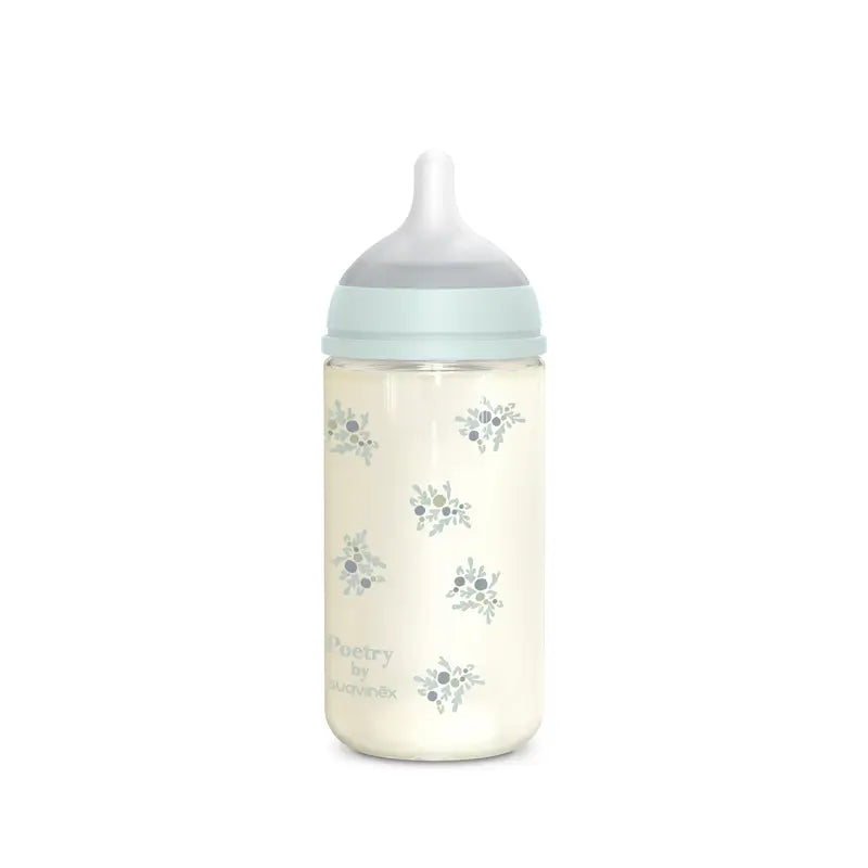 Suavinex Biberon en verre 240 ml, débit moyen (M), +3 mois, bleu Poésie