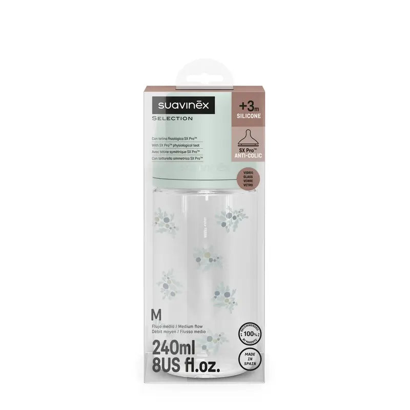 Suavinex Biberon en verre 240 ml, débit moyen (M), +3 mois, bleu Poésie
