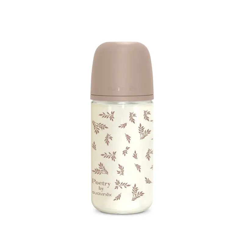 Suavinex Biberon en verre 240 ml, débit moyen (M), +3 mois, Poetry Beige