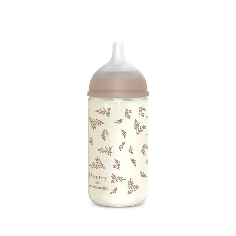 Suavinex Biberon en verre 240 ml, débit moyen (M), +3 mois, Poetry Beige