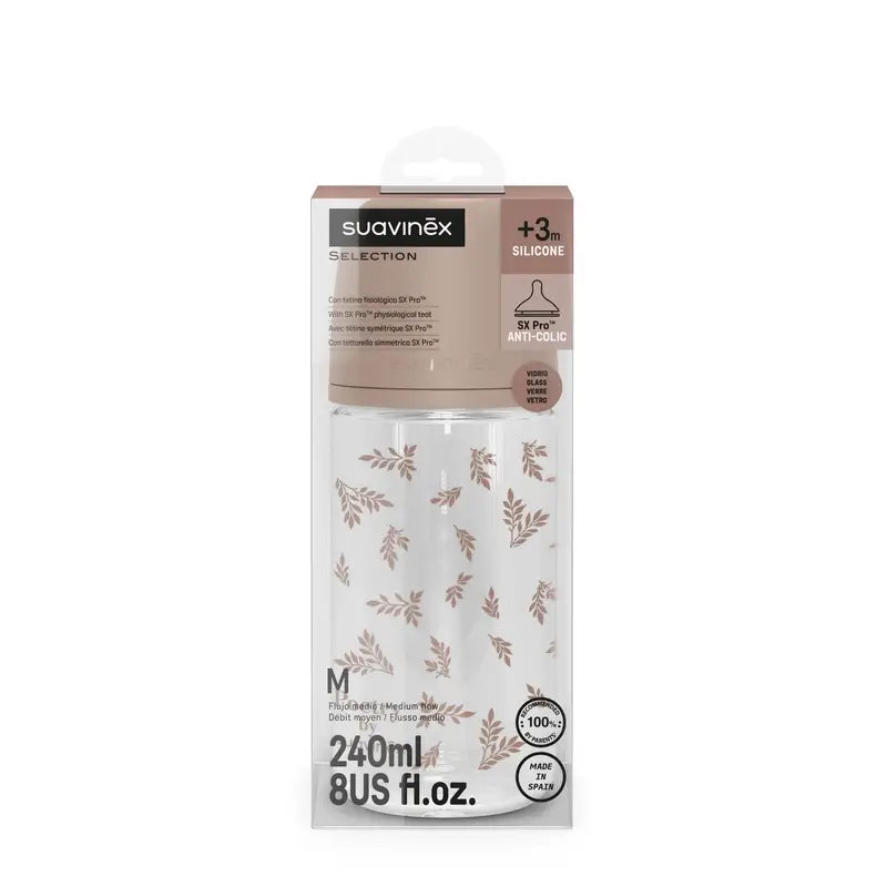 Suavinex Biberon en verre 240 ml, débit moyen (M), +3 mois, Poetry Beige