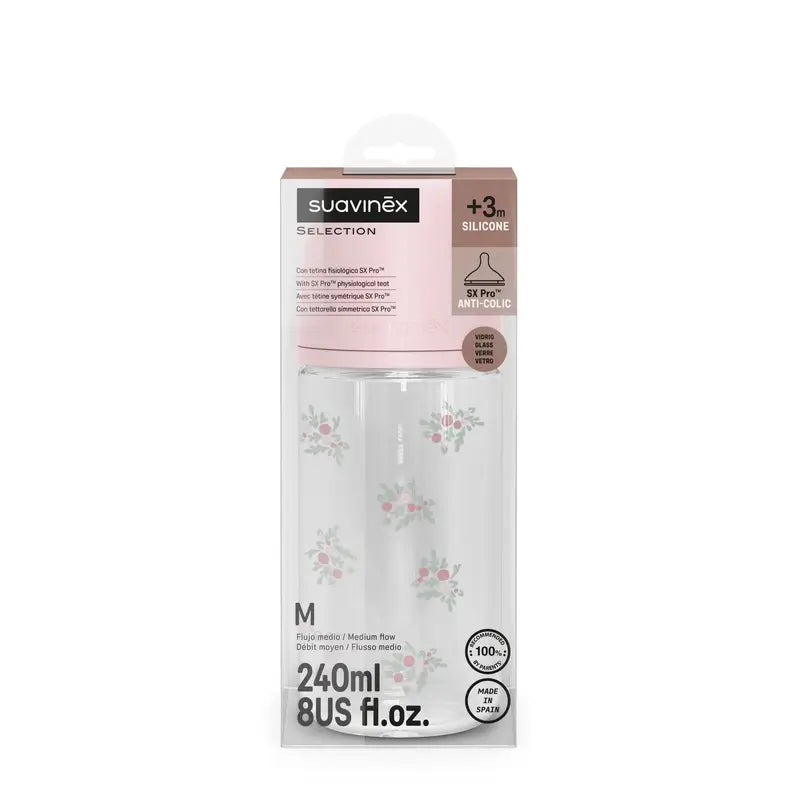 Suavinex Biberon en verre 240 ml, débit moyen (M), +3 mois, Poésie rose