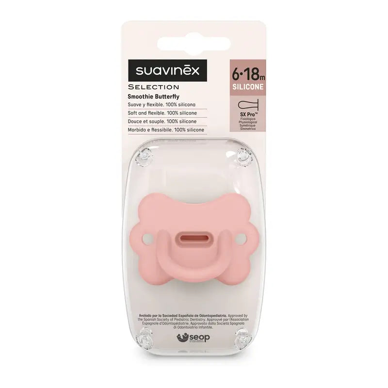Suavinex Sucette All Sucette en silicone Sx Pro, 6/18 mois, Butterfly Peach Pink