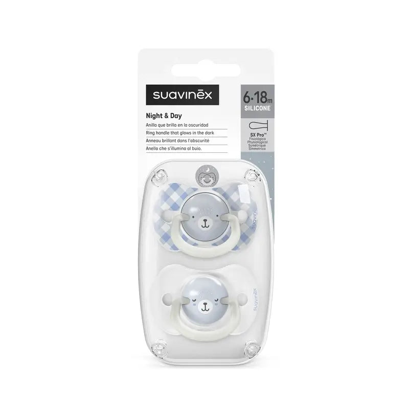 Suavinex Night & Day Sucettes de nuit Sx Pro Tétine 6/18 Mois Bleu, 2 unités