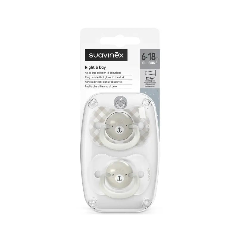 Suavinex Night & Day Sucettes de nuit Sx Pro Tétine 6/18 Mois Gris, 2 unités