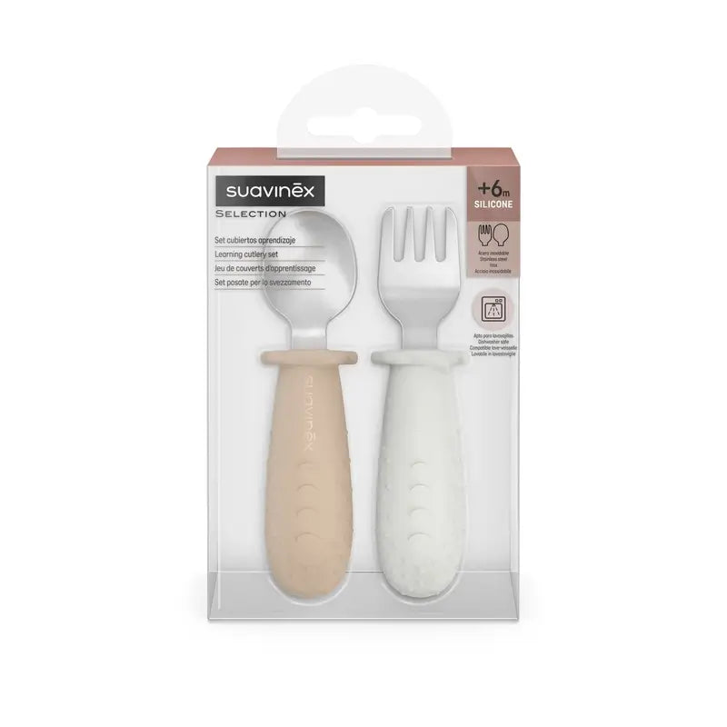 Couverts d'apprentissage Suavinex en acier inoxydable, +6 mois, Beige