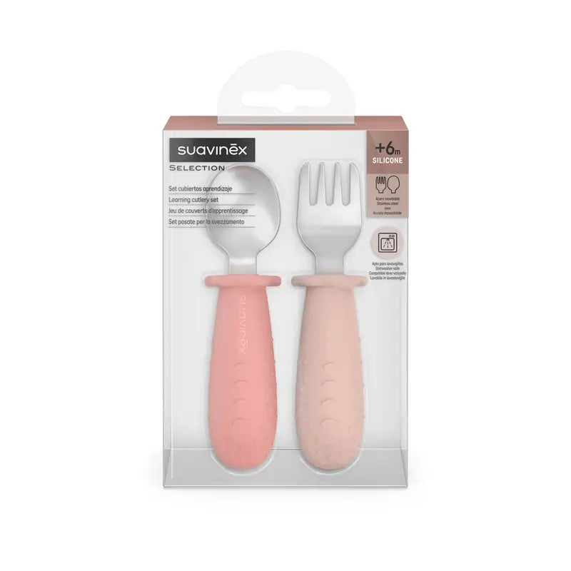 Couverts d'apprentissage Suavinex en acier inoxydable, +6 mois, rose