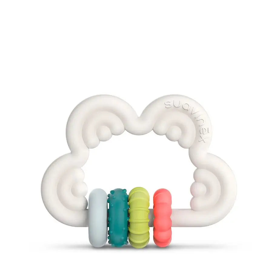 Suavinex Silicone Teether +6 Months. Didactic teether. Flexible and light teething ring. Cloud Design. White colour.