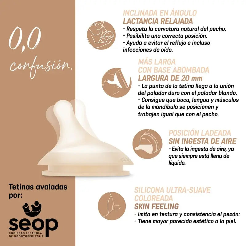 Suavinex Pack 2 Tétines Zero Zero Dense Flow (L), +6 Mois, Light