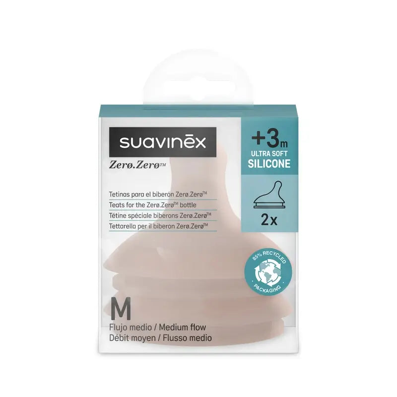 Suavinex 2 packs de tétines zéro zéro à débit moyen (M), +3 mois, profondes