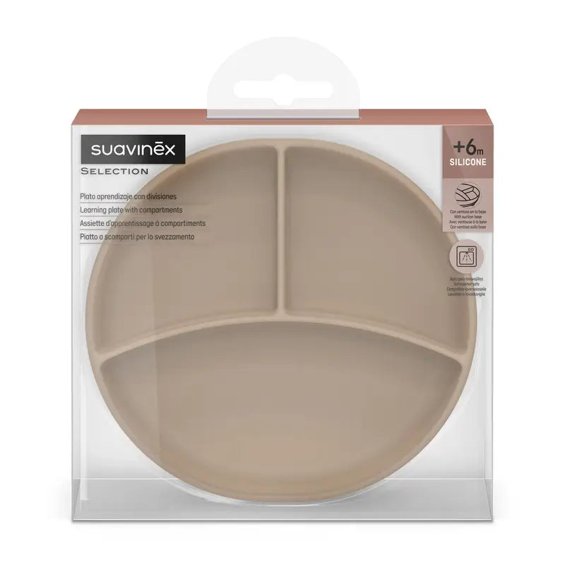 Suavinex Assiette en silicone avec ventouse et divisions, +6 mois, beige