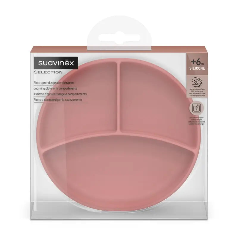 Suavinex Assiette en silicone avec ventouse et divisions, +6 mois, rose