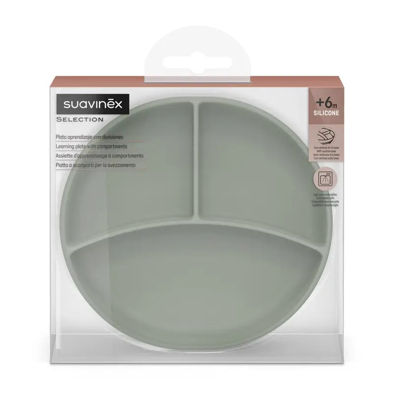 Suavinex Assiette en silicone avec ventouse et divisions, +6 mois, vert