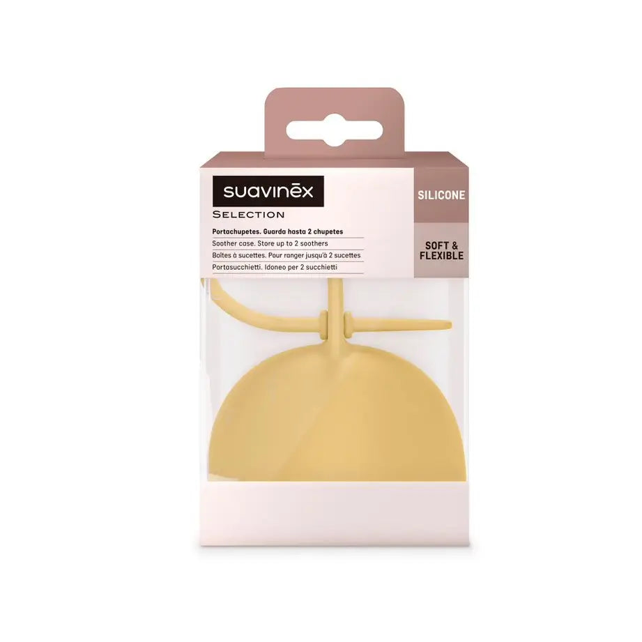 Support de sucette Suavinex pour bébé. Étui souple en silicone pour sucette. 2 sucettes. +0 Mois. Essence de couleur, Moutarde