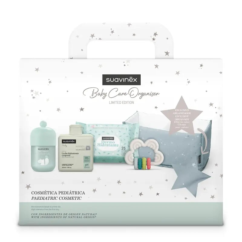 Suavinex Baby Gift Lait pour bébé 300 Ml + Mémoires de Cologne pour bébé 100 Ml + Lingettes + Jouet d'éveil, Bleu