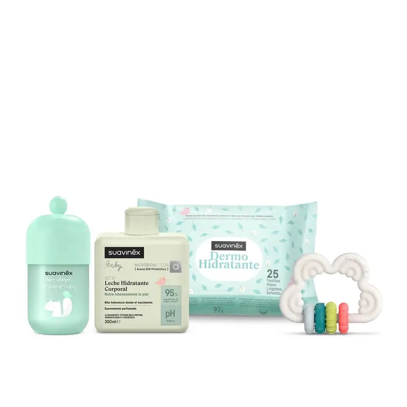 Suavinex Baby Gift Lait pour bébé 300 Ml + Mémoires de Cologne pour bébé 100 Ml + Lingettes + Jouet d'éveil, Rose