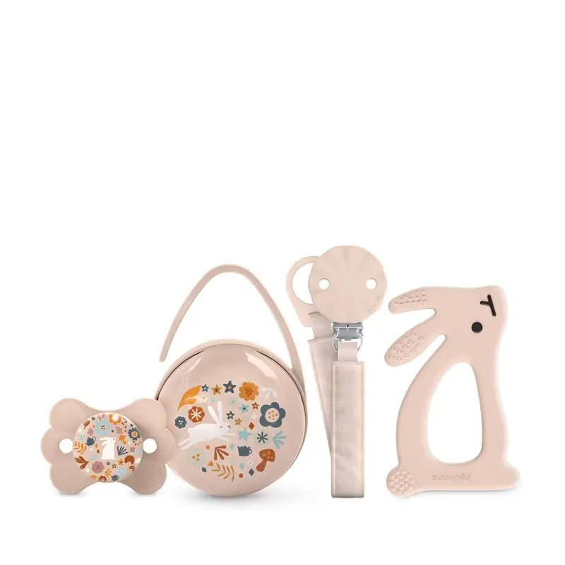 Suavinex Cadeau pour nouveau-né Sucette + Tétine + Porte-tétine + Jouet de dentition + Jouet de dentition.Wonderland, Rose