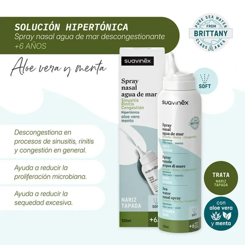 Suavinex Spray décongestionnant nasal à l'eau de mer +6A, 120 ml