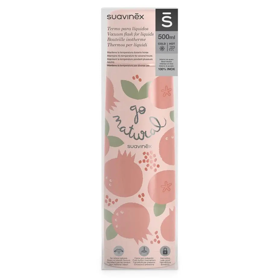 Thermos à liquide Suavinex pour bébé. Thermos en acier inoxydable. Pour boissons chaudes et froides. 500 ml. Corail