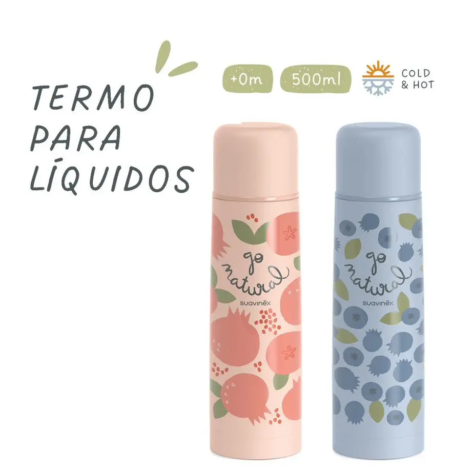 Thermos à liquide Suavinex pour bébé. Thermos en acier inoxydable. Pour boissons chaudes et froides. 500 ml. Corail