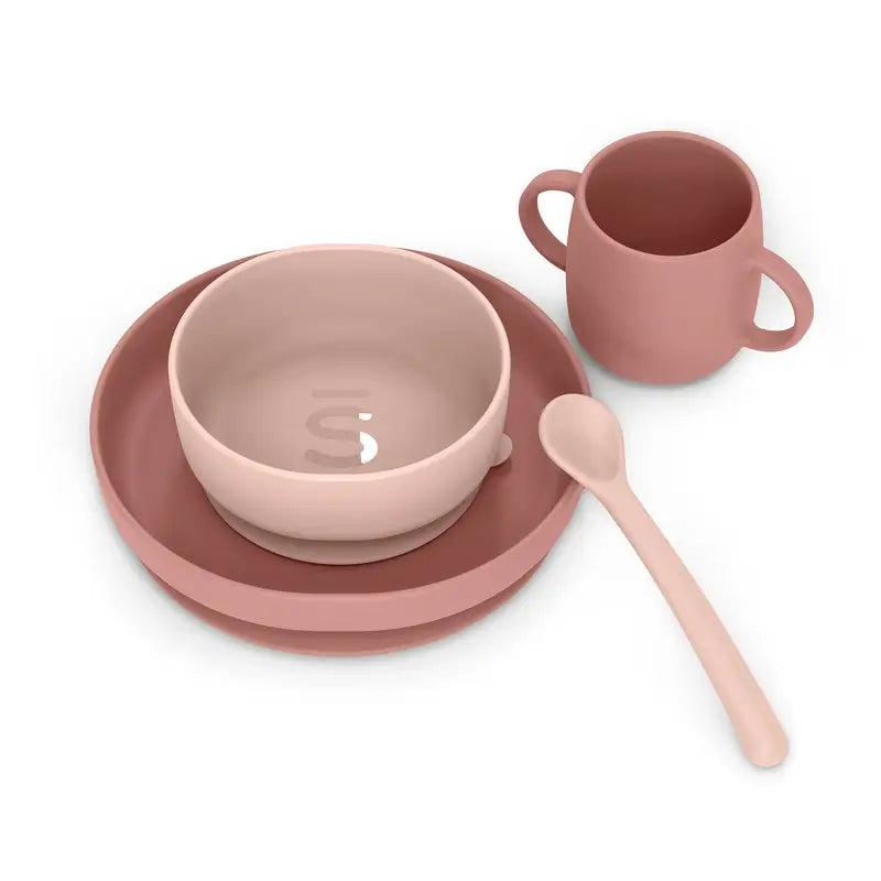 Suavinex Vaisselle en silicone 4 pièces avec ventouse, +4 mois, rose
