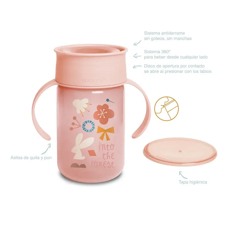 Suavinex 360 Tasse d'apprentissage avec poignées 340 ml, anti-déversement, +12 mois, rose