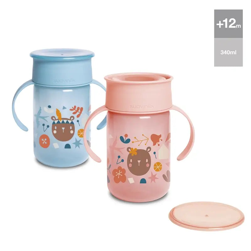 Suavinex 360 Tasse d'apprentissage avec poignées 340 ml, anti-déversement, +12 mois, rose