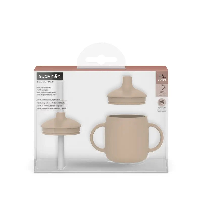 Suavinex Tasse d'apprentissage 3-en-1 en silicone, +6 mois, Beige
