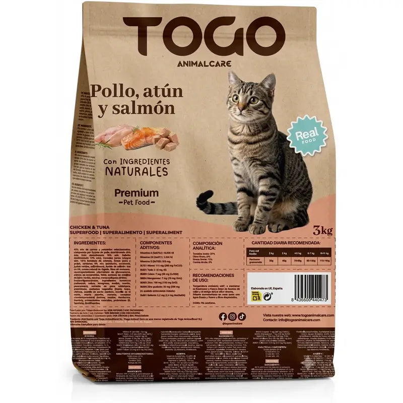 TOGO Aliments stérilisés pour chat, au thon, au saumon et au poulet, avec des probiotiques, 3 kg