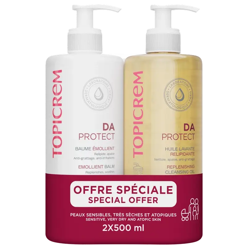 Topicrem Pack Da Protect Baume Emollient 500 Ml + Huile Nettoyante 500 Ml 50%.